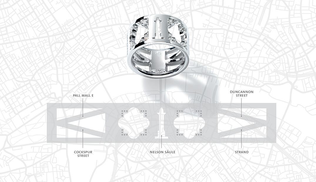 Ring Voyage London Weißgold mit Diamanten. Design Ruth Sellack Schmuckobjekte