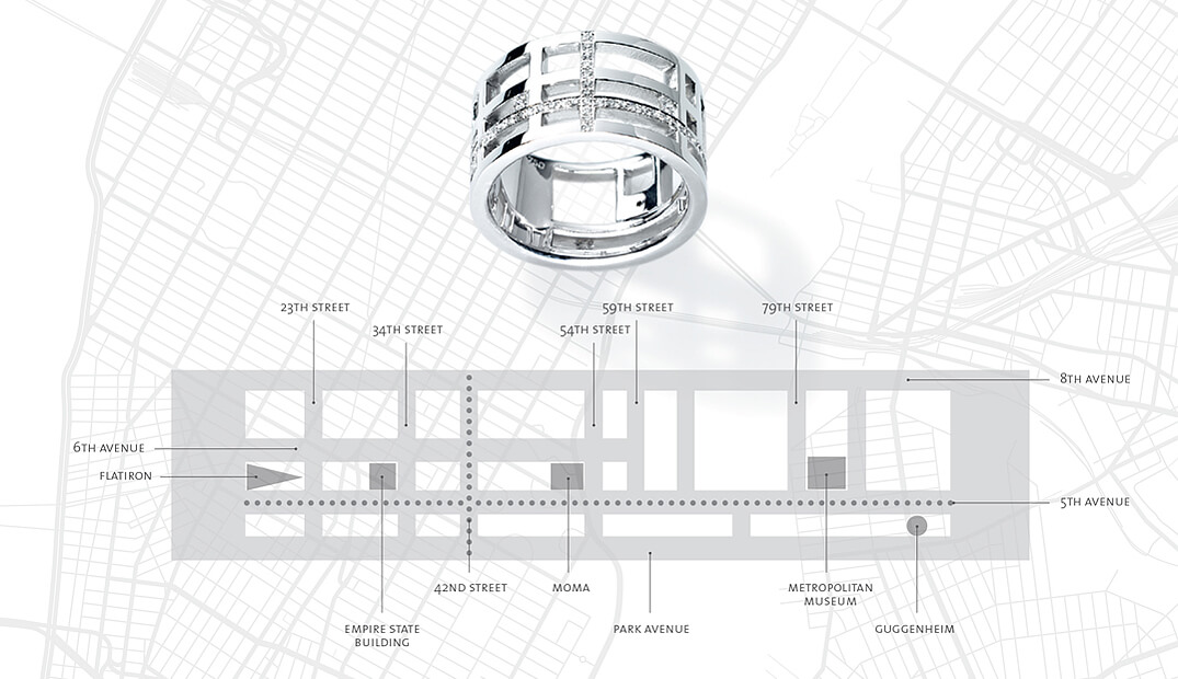 Ring Voyage New York Weißgold mit Diamanten. Design Ruth Sellack Schmuckobjekte