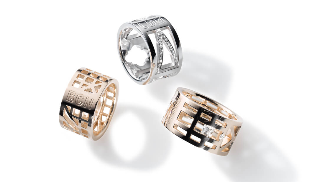 Ringkollektion Voyage, Ringe Paris, Barcelona, London, Rosé- und Weißgold mit Diamanten. Design Ruth Sellack