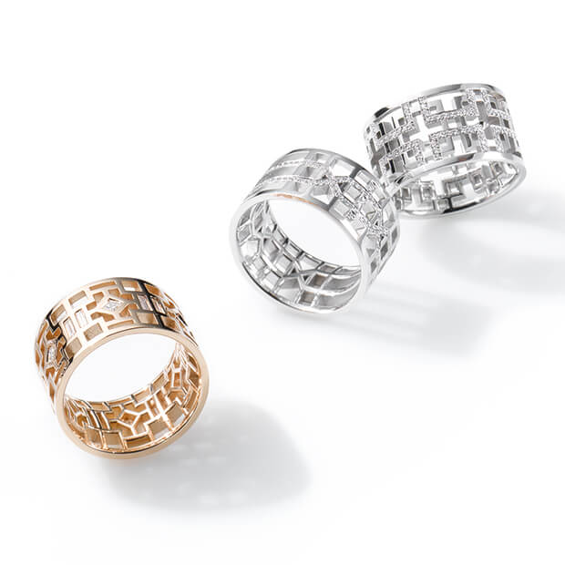 Ring-Kollektion Kumiko gearbeitet aus Weiß- und Roségold besetzt mit Brillanten. Design Ruth Sellack Stuttgart