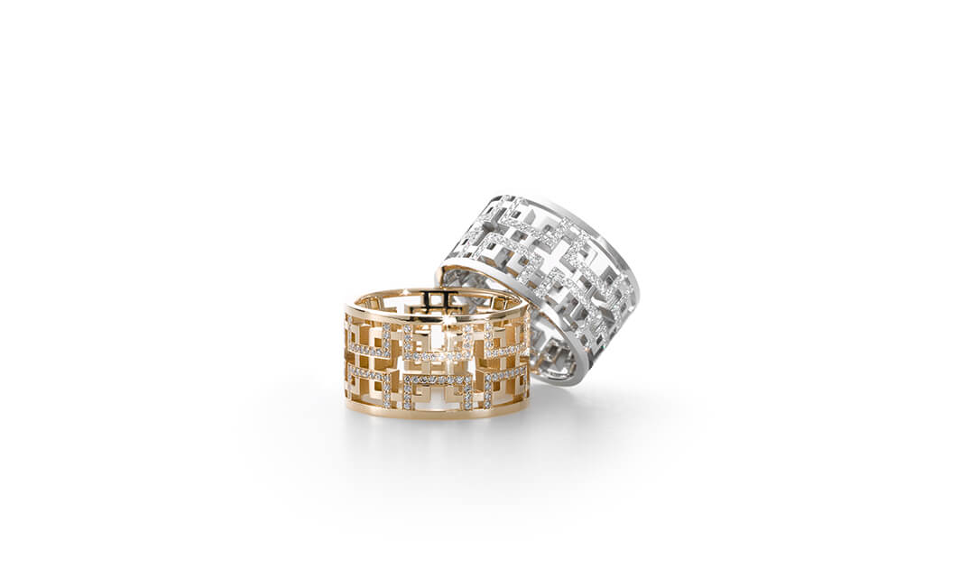 Ringe Schönheit + Präzision aus der Kollektion Kumiko gearbeitet aus Weiß- und Roségold besetzt mit Brillanten. Design Ruth Sellack Stuttgart