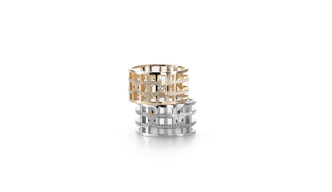Ringe Achtsamkeit + Perfektion aus der Kollektion Kumiko gearbeitet aus Weiß- und Roségold besetzt mit Brillanten. Design Ruth Sellack Stuttgart