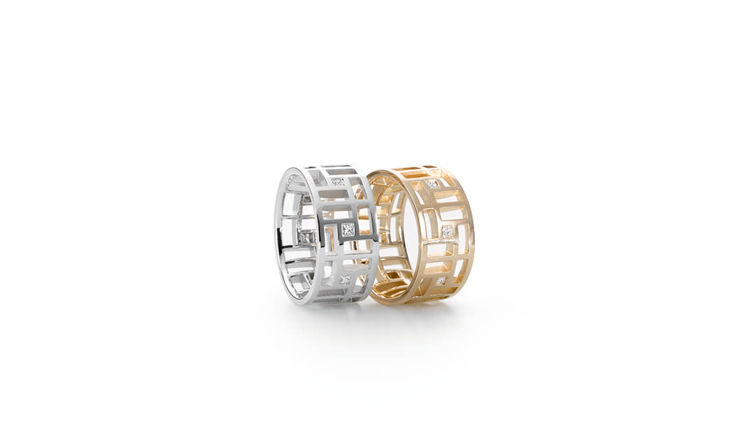 Ringe Einfachheit + Hingabe aus der Kollektion Kumiko gearbeitet aus Weiß- und Roségold besetzt mit Brillanten. Design Ruth Sellack Stuttgart
