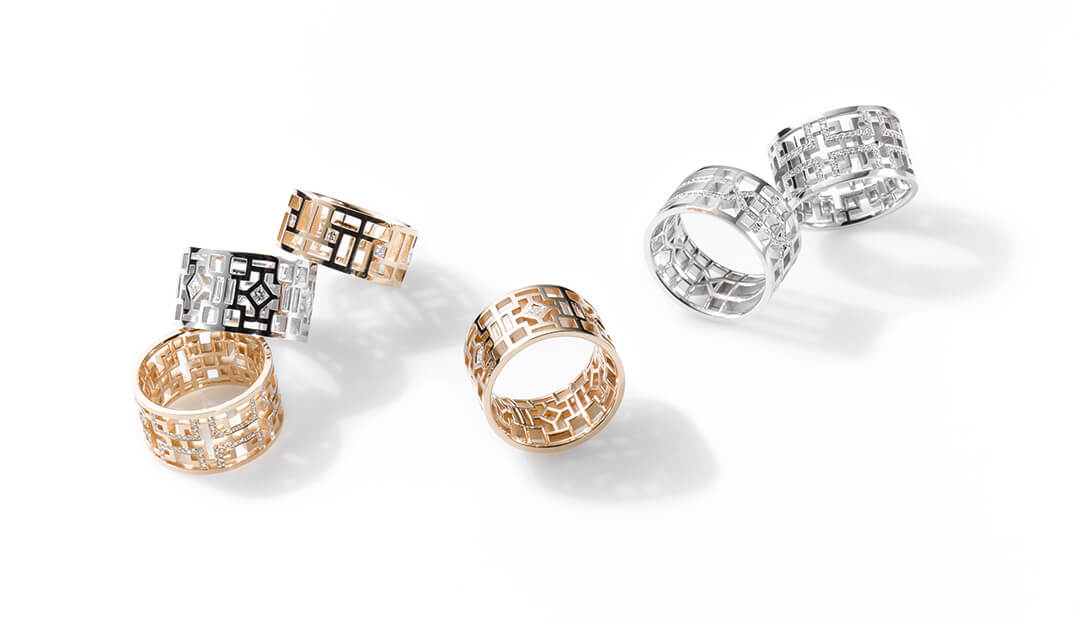 Ring-Kollektion Kumiko gearbeitet aus Weiß- und Roségold besetzt mit Brillanten. Design Ruth Sellack Stuttgart